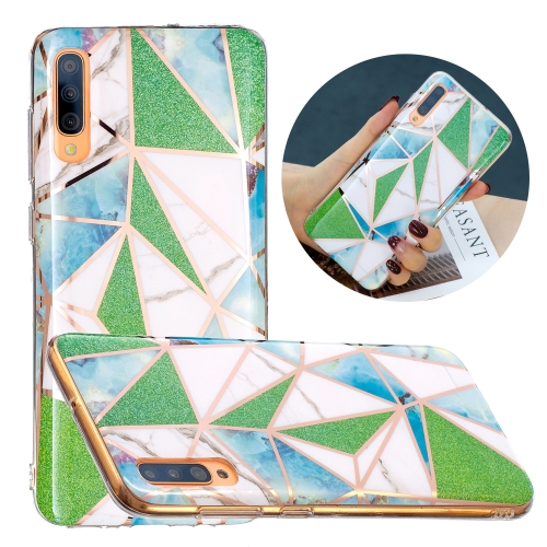 

For Samsung Galaxy A50 Flat Plating Splicing Gilding Protective Case(Green Triangle Body Color Matching)