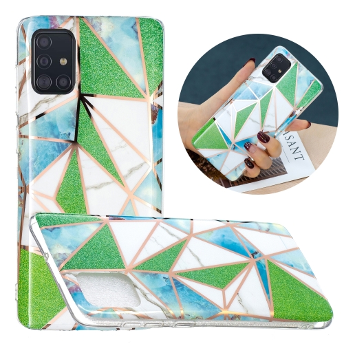 

For Samsung Galaxy A71 Flat Plating Splicing Gilding Protective Case(Green Triangle Body Color Matching)