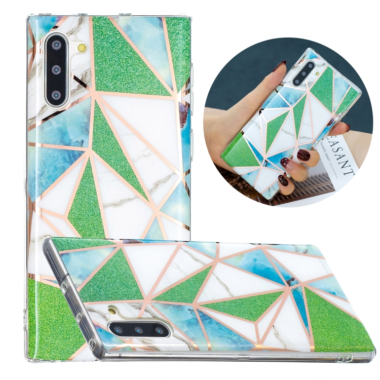 

For Samsung Galaxy Note10 Flat Plating Splicing Gilding Protective Case(Green Triangle Body Color Matching)