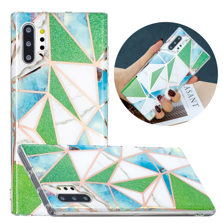 

For Samsung Galaxy Note10+ Flat Plating Splicing Gilding Protective Case(Green Triangle Body Color Matching)