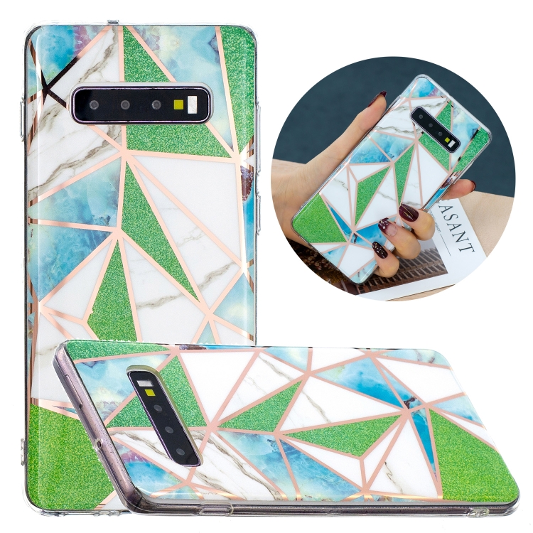 

For Samsung Galaxy S10 Flat Plating Splicing Gilding Protective Case(Green Triangle Body Color Matching)