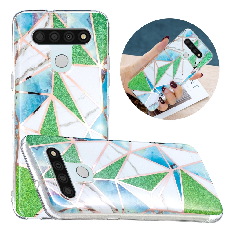 

For LG K51 Flat Plating Splicing Gilding Protective Case(Green Triangle)
