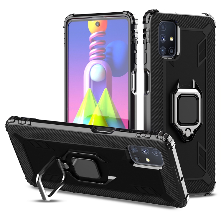 

For Samsung Galaxy M51 Carbon Fiber Protective Case with 360 Degree Rotating Ring Holder(Black)