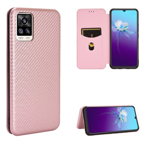 

For vivo V20 4G (Indian Version) Carbon Fiber Texture Magnetic Horizontal Flip TPU + PC + PU Leather Case with Card Slot(Pink)