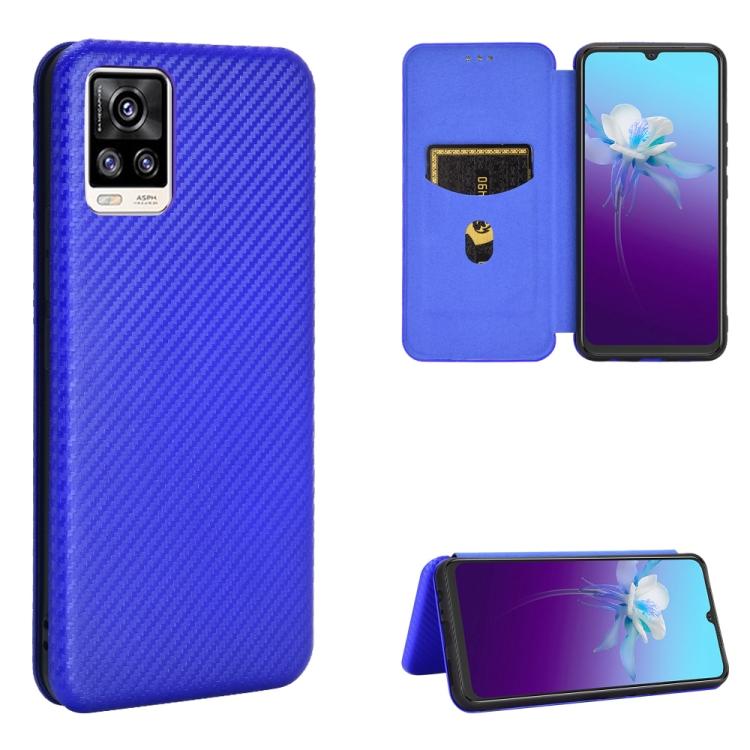 

For vivo V20 4G (Indian Version) Carbon Fiber Texture Magnetic Horizontal Flip TPU + PC + PU Leather Case with Card Slot(Blue)