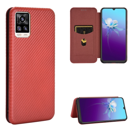 

For vivo V20 4G (Indian Version) Carbon Fiber Texture Magnetic Horizontal Flip TPU + PC + PU Leather Case with Card Slot(Brown)