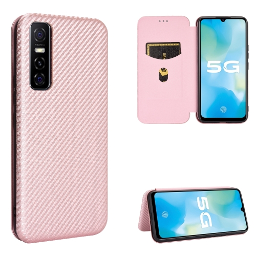 

For vivo Y73s Carbon Fiber Texture Magnetic Horizontal Flip TPU + PC + PU Leather Case with Card Slot(Pink)