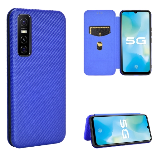 

For vivo Y73s Carbon Fiber Texture Magnetic Horizontal Flip TPU + PC + PU Leather Case with Card Slot(Blue)