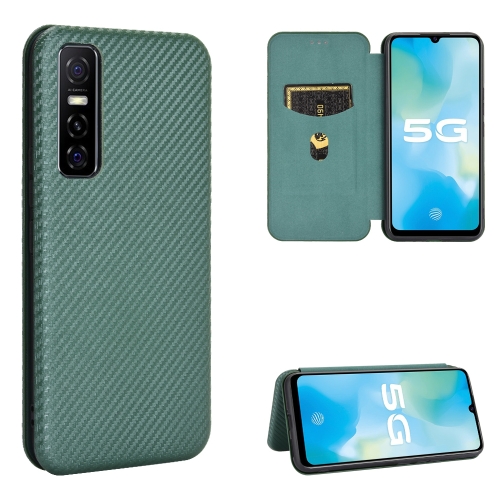 

For vivo Y73s Carbon Fiber Texture Magnetic Horizontal Flip TPU + PC + PU Leather Case with Card Slot(Green)