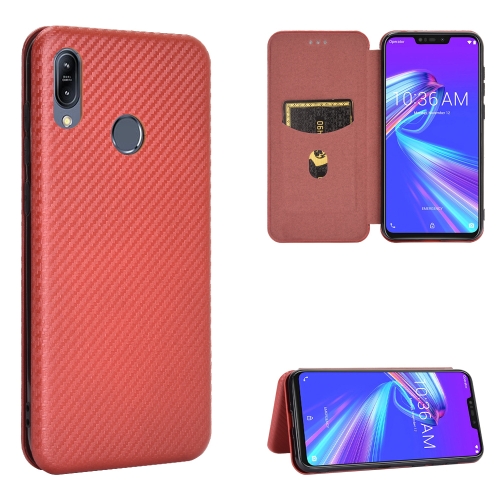 

For Asus Zenfone Max (M2) ZB633KL Carbon Fiber Texture Magnetic Horizontal Flip TPU + PC + PU Leather Case with Card Slot(Brown)