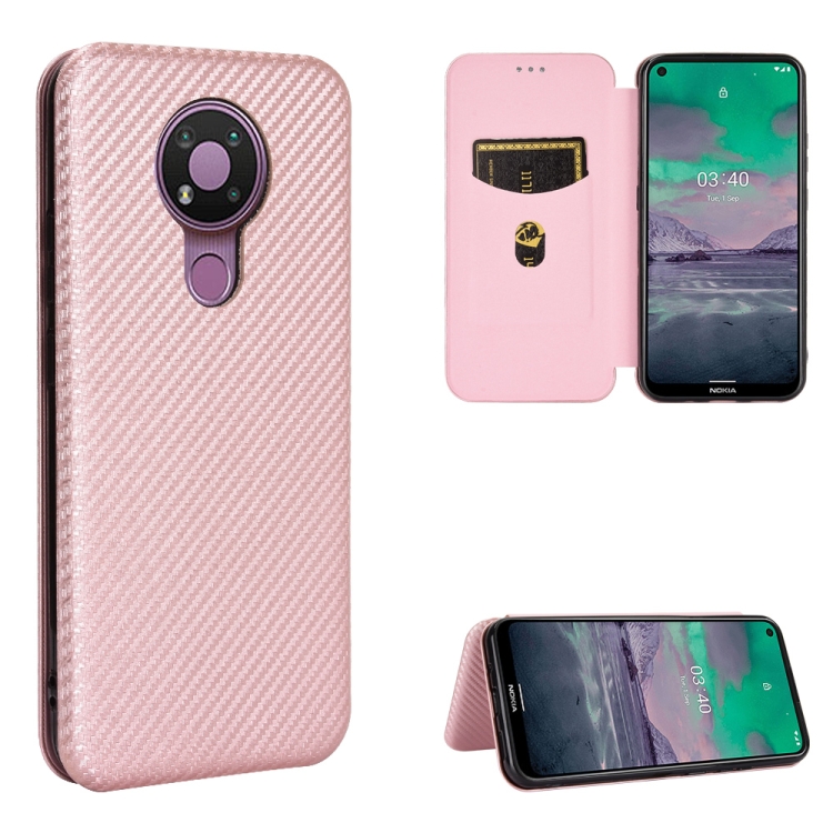 

For Nokia 3.4 Carbon Fiber Texture Magnetic Horizontal Flip TPU + PC + PU Leather Case with Card Slot(Pink)