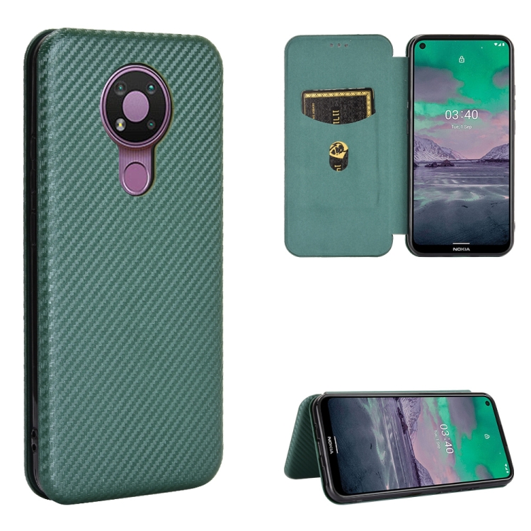 

For Nokia 3.4 Carbon Fiber Texture Magnetic Horizontal Flip TPU + PC + PU Leather Case with Card Slot(Green)