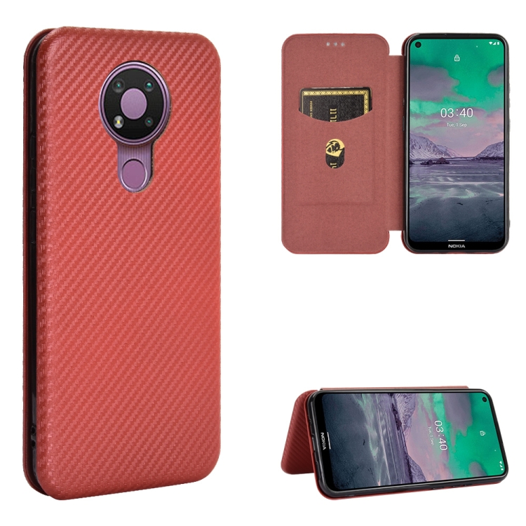 

For Nokia 3.4 Carbon Fiber Texture Magnetic Horizontal Flip TPU + PC + PU Leather Case with Card Slot(Brown)