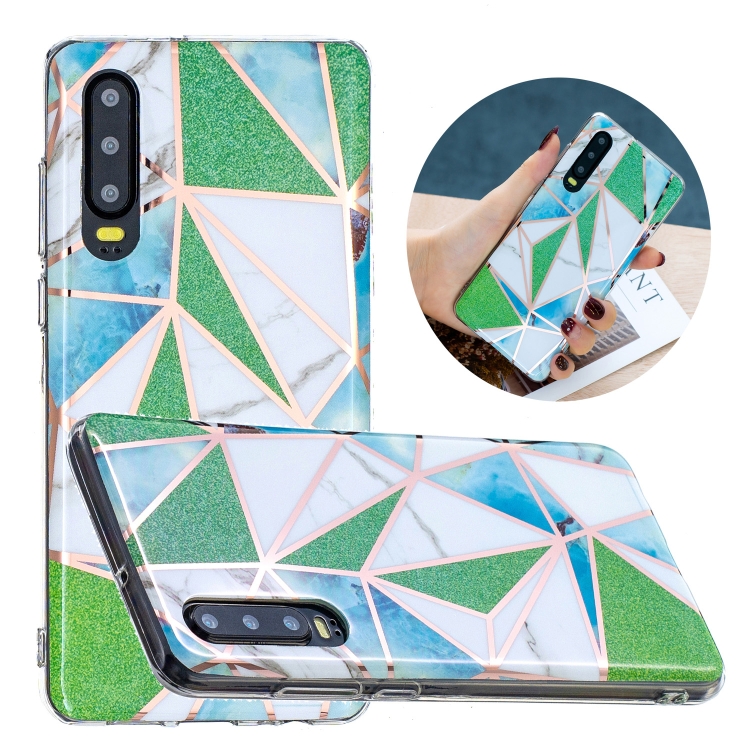

For Huawei P30 Flat Plating Splicing Gilding Protective Case(Green Triangle Body Color Matching)