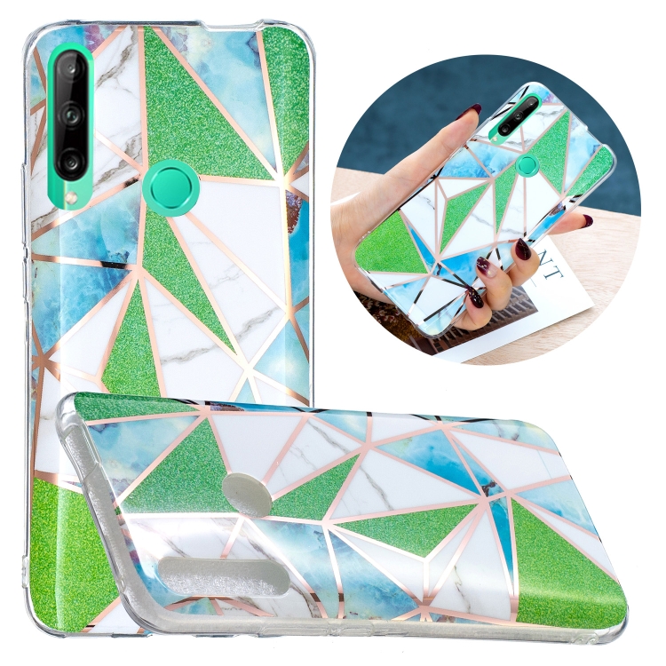 

For Huawei Y7p Flat Plating Splicing Gilding Protective Case(Green Triangle Body Color Matching)