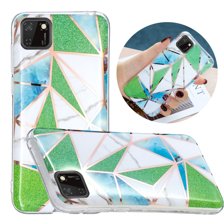 

For Huawei Y5p Flat Plating Splicing Gilding Protective Case(Green Triangle Body Color Matching)