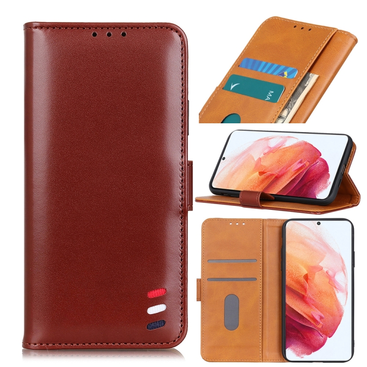 

For Samsung Galaxy S21 5G 3-Color Pearl Texture Magnetic Buckle Horizontal Flip PU Leather Case with Card Slots & Wallet & Holder(Brown)