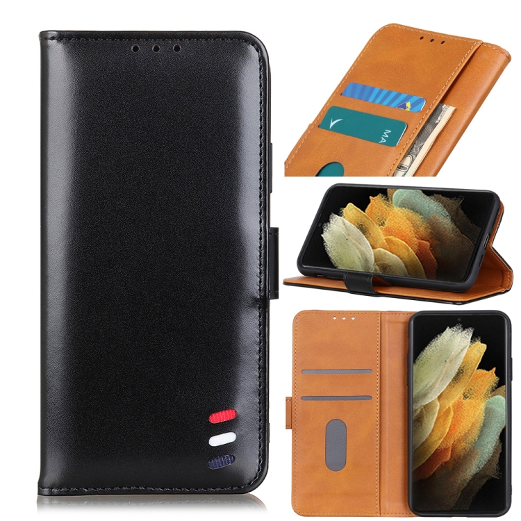 

For Samsung Galaxy S21 Ultra 5G 3-Color Pearl Texture Magnetic Buckle Horizontal Flip PU Leather Case with Card Slots & Wallet & Holder(Black)