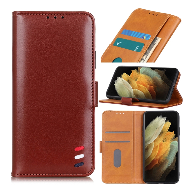 

For Samsung Galaxy S21 Ultra 5G 3-Color Pearl Texture Magnetic Buckle Horizontal Flip PU Leather Case with Card Slots & Wallet & Holder(Brown)