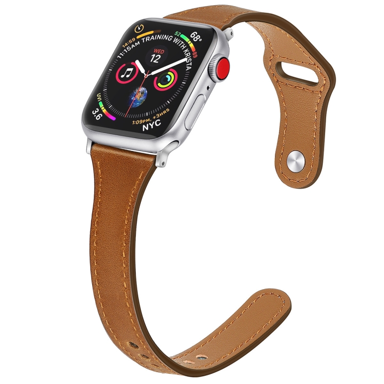 

Leather Replacement Strap Watchband with Steel Button For Apple Watch Series 6 & SE & 5 & 4 40mm / 3 & 2 & 1 38mm(Dark Brown)