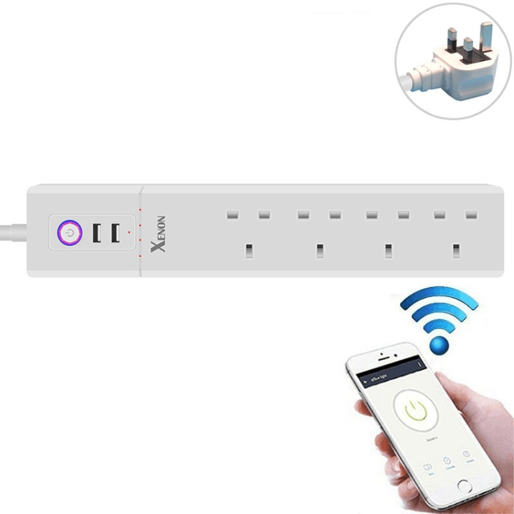 

2 x USB Ports + 4 x UK Plug Jack WiFi Remote Control Smart Power Socket Works with Alexa & Google Home, Cable Length: 1.8m, AC 90-265V, UK Plug