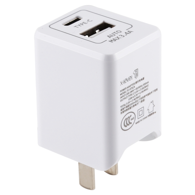 

X-level TC-075-3.4A 3.4A Portable USB + Type-C / USB-C Travel Charger Power Adapter (White)