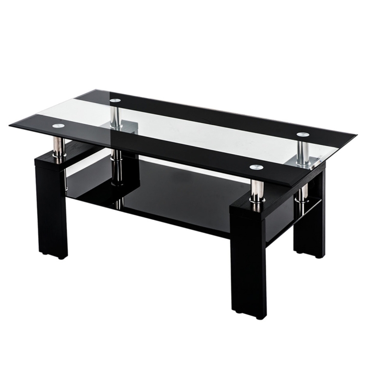 

[JPN Warehouse] Rectangle Glass Table Low Table with Storage Function, Size: 88 x 48 x (42-43)cm (Black and White + Black)