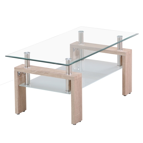 

[JPN Warehouse] Rectangle Glass Table Low Table with Storage Function, Size: 88 x 48 x (42-43)cm (Transparent + Wood Color)