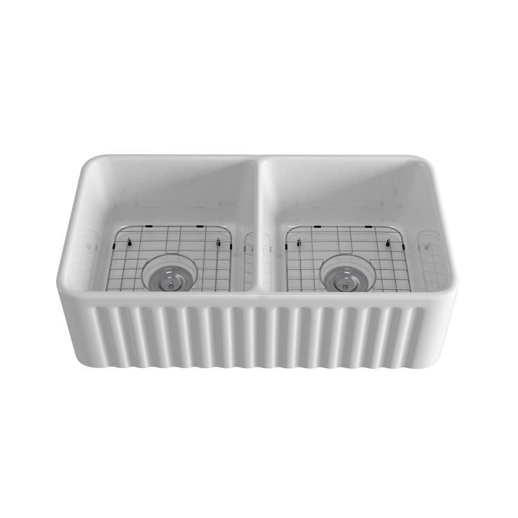 

[US Warehouse] Rectangular Ceramic Kitchen Double Basin Vessel Sink Farmhouse Bathroom Sink with Grooves, Size: 84.5 x 46 x 25.5cm