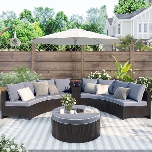 

[US Warehouse] 6 in 1 Outdoor Sectional Half Round Patio Rattan Sofa Set with Storage Side Table Umbrella & Multifunctional Round Table