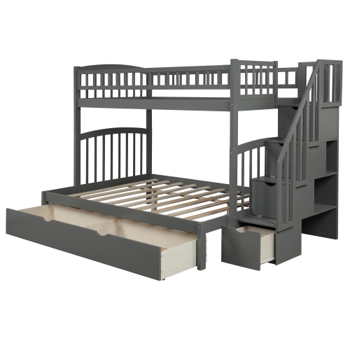 

[US Warehouse] Household Twin Over Full Convertible Bunk Bed with Staircases and Drawers (Grey)