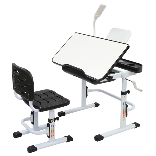 

[US Warehouse] 80cm Hand-cranked Lifting Top Can Tilt Children Learning Table And Chairs with Reading Stand & USB Interface Desk Lamp