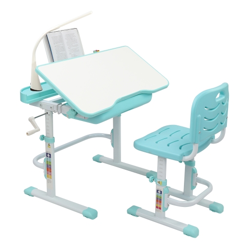 

[US Warehouse] 80cm Hand-cranked Lifting Top Can Tilt Children Learning Table And Chairs with Reading Stand & USB Interface Desk Lamp