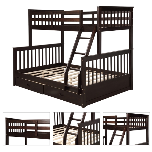 

[US Warehouse] Twin-Over-Full Bunk Bed with Ladders and Two Storage Drawers(Coffee)