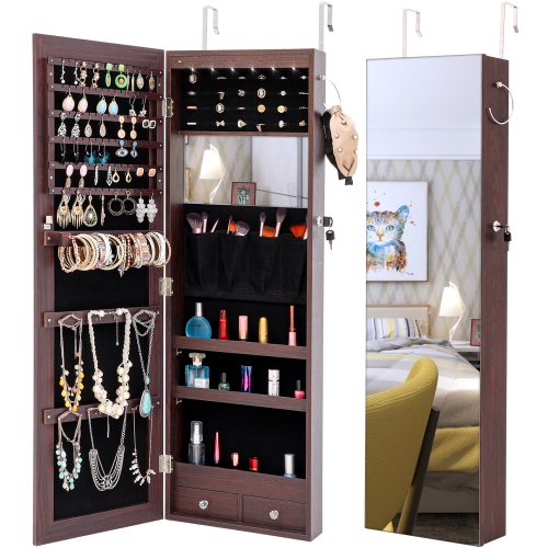 

[US Warehouse] Fashion Hanging Type Jewelry Storage Mirror Cabinet with LED Lights, Size: 36.1x9.8x110.2cm(Brown)