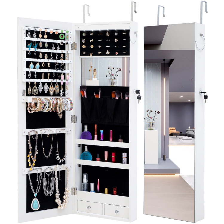 

[US Warehouse] Fashion Hanging Type Jewelry Storage Mirror Cabinet with LED Lights, Size: 36.1x9.8x110.2cm(White)