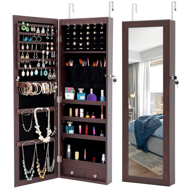

[US Warehouse] Fashion Simple Hanging Type Jewelry Storage Mirror Cabinet with LED Lights, Size: 36.1x9.8x110.2cm(Brown)