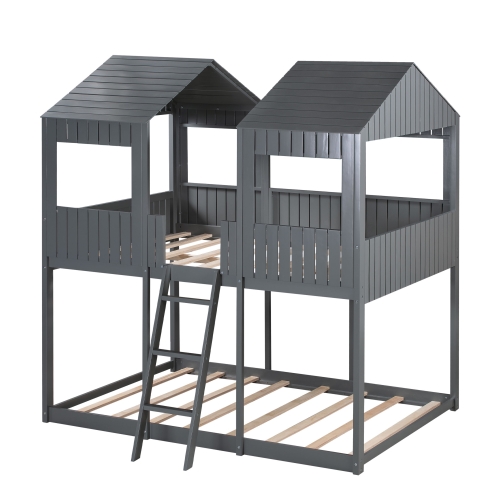 

[US Warehouse] Twin-Over-Full Bunk Bed WoodBunk Bed with Roof&Window&Guardrail&Ladder, Size: 200x142.8x217.2cm(Grey)