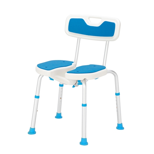 

[US Warehouse] Aluminum Alloy 6-Speed Lifting Hollow Bath Chair with PE Stool & Rubber Foot Cushion & Backrest (Blue White)