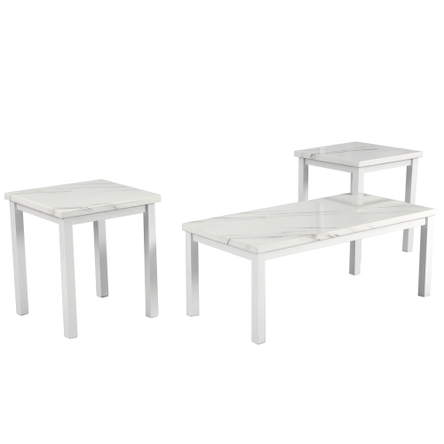 

[US Warehouse] 3 in 1 Faux Marble Top Coffee Table + 2 End Tables Set (White)