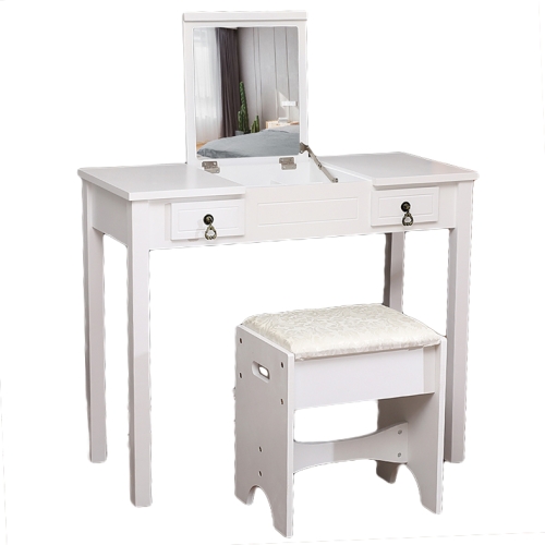 

[UK Warehouse] Flip Single Mirror Double Drawers Straight Feet Dresser, Size: 90 x 40 x (75-112)cm(White)