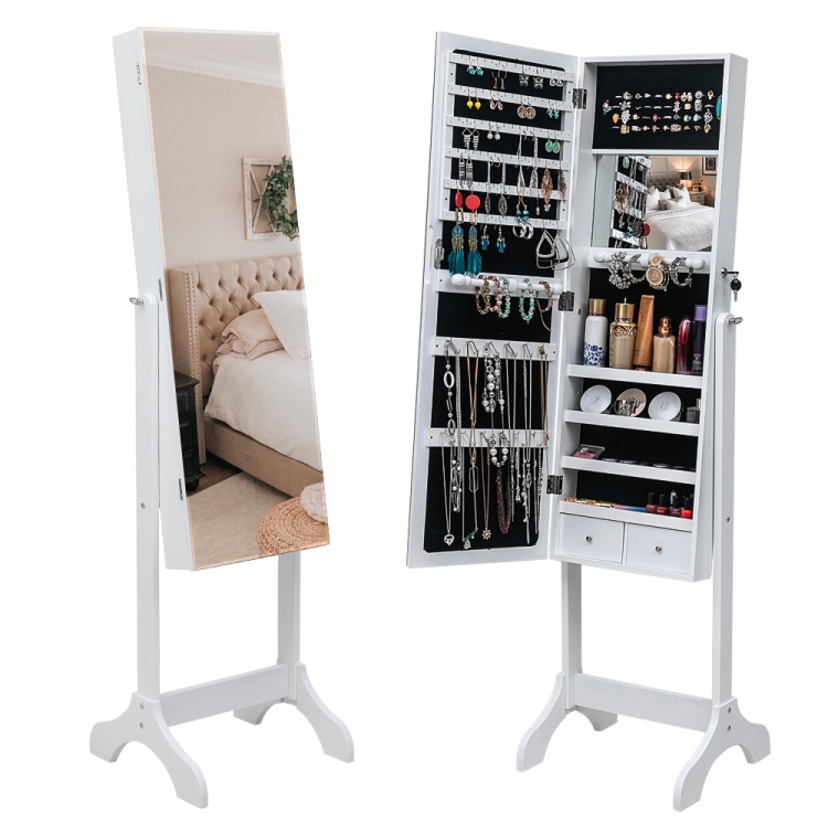 

[US Warehouse] Full Mirror Wooden Floor Standing 4-Layer Shelf Jewelry Storage Adjustable Mirror Cabinet with 2 Drawer, Size: 153 x 40 x 47cm(White)