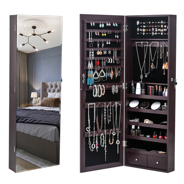 

[US Warehouse] Full Mirror Wooden Wall Hanging 5-Layer Shelf 2 Drawer Jewelry Storage Mirror Cabinet, Size: 108 x 10 x 37cm(Brown)