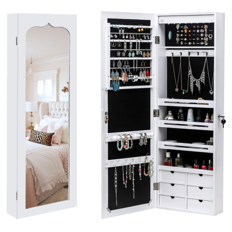 

[US Warehouse] Non Full Mirror Wooden Wall Mounted 4-Layer Shelf 6 Drawers Jewelry Storage Mirror Cabinet with LED Lights, Size: 36.5 x 12.3 x 108cm(White)