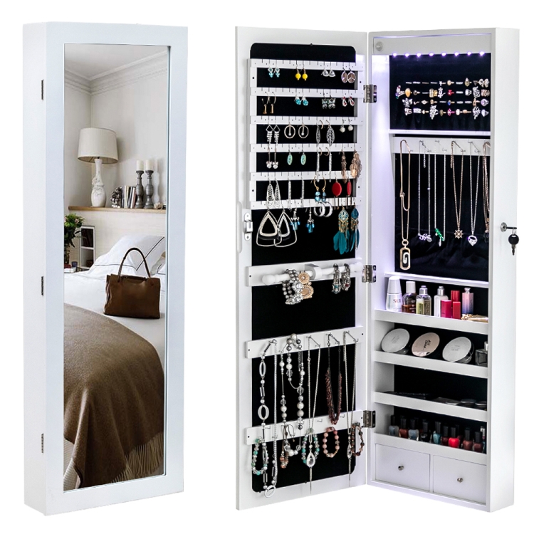 

[US Warehouse] Non Full Mirror Wooden Wall Mounted 4-Layer Shelf 2 Drawers Jewelry Storage Mirror Cabinet with LED Lights, Size: 37 x 10 x 108cm(White)