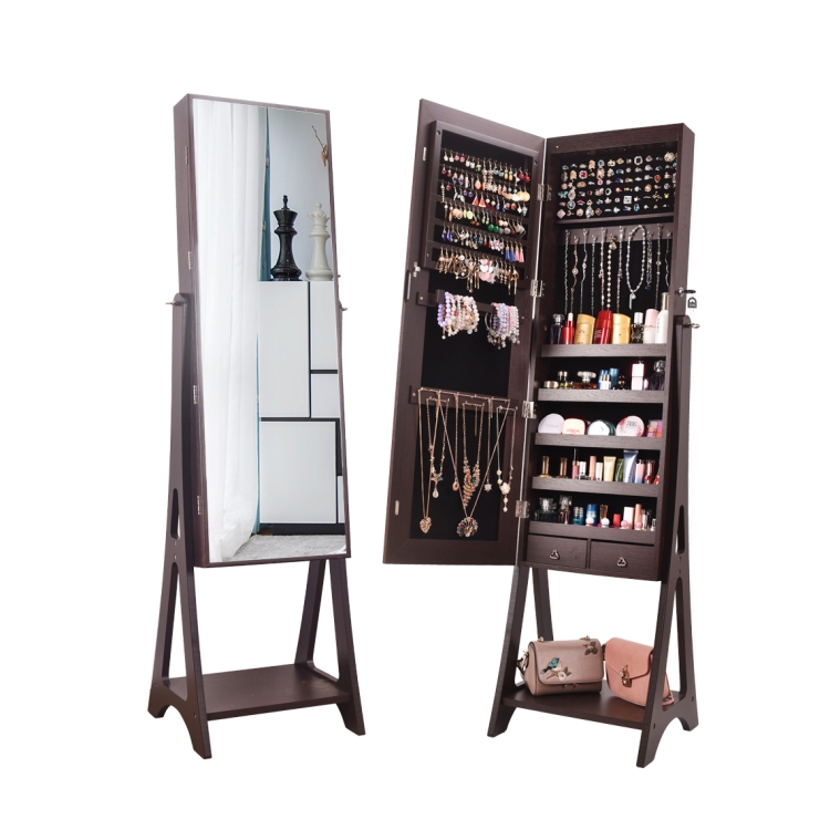 

[US Warehouse] Full Mirror Makeup Jewelry Mirror Cabinet 2 Drawers 5 Layers Solid Wood Pattern Storage Cabinet with LED Lights, Size: 41 x 37 x 148cm(Brown)