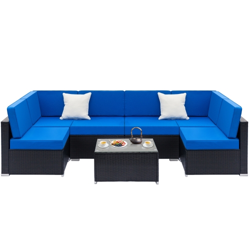 

[US Warehouse] 7 in 1 Weaving Rattan Sofa Set(Black Blue)