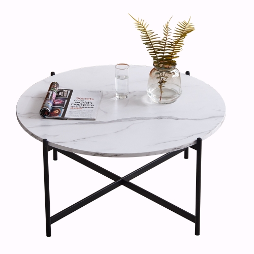 

[US Warehouse] 36 inch Modern Round Frame Marble Top Coffee Table(Black)