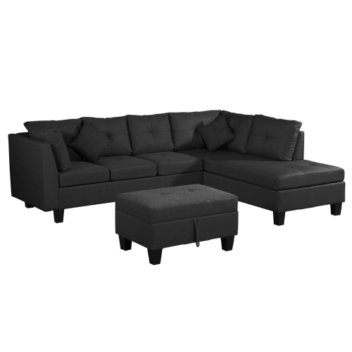 

[US Warehouse] Living Room L-shaped Fabric Upholstered Sofa Three-seat Sofa Multifunctional Sofa Bed with Right Recliner & Storage Ottoman & Cushion & Pillow(Black)