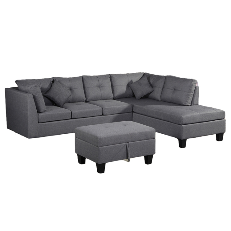 

[US Warehouse] Living Room L-shaped Fabric Upholstered Sofa Three-seat Sofa Multifunctional Sofa Bed with Right Recliner & Storage Ottoman & Cushion & Pillow(Grey)